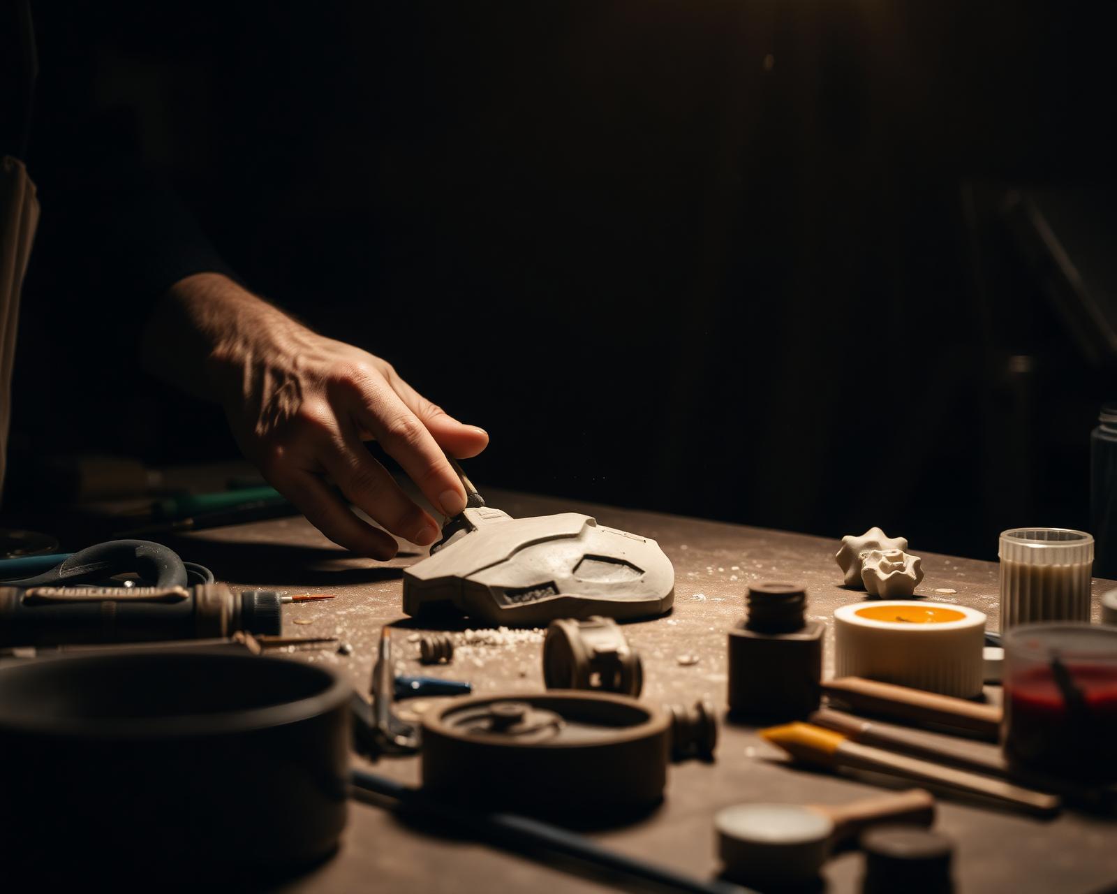 Artisan hands sculpting a hero prop on a workbench surrounded by tools and paints